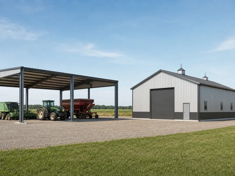 Open-sided steel shelter beside a fully enclosed metal farm building