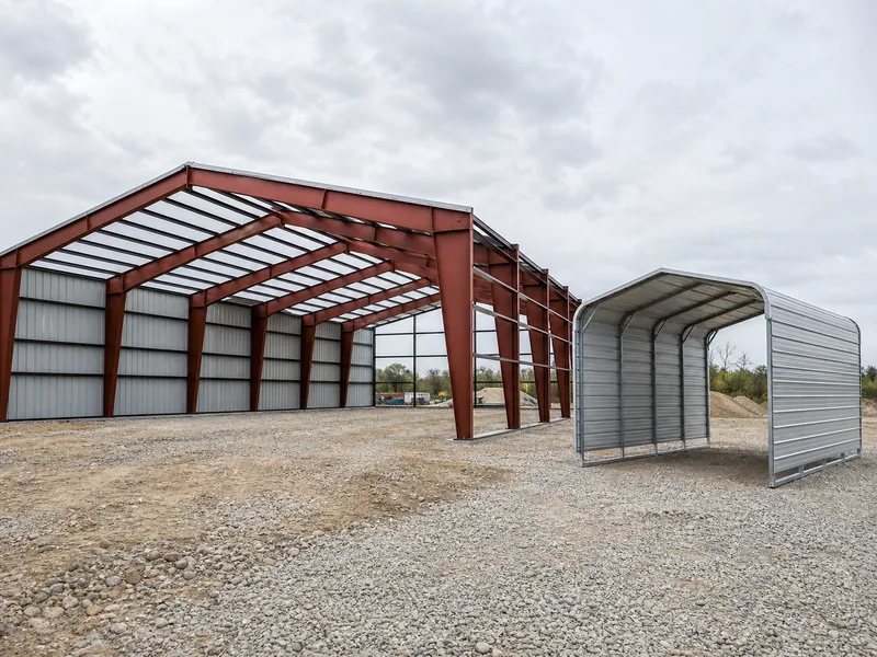 Home 57 Side-by-side red iron steel frame building and light tubular kit