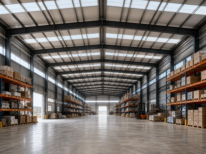Interior de un almacén de acero sin columnas, con altas estanterías y pasillos para montacargas