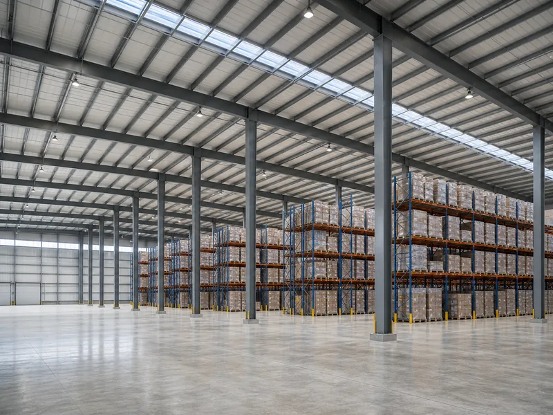 Clear-span steel warehouse frame and high clear height above pallet racking