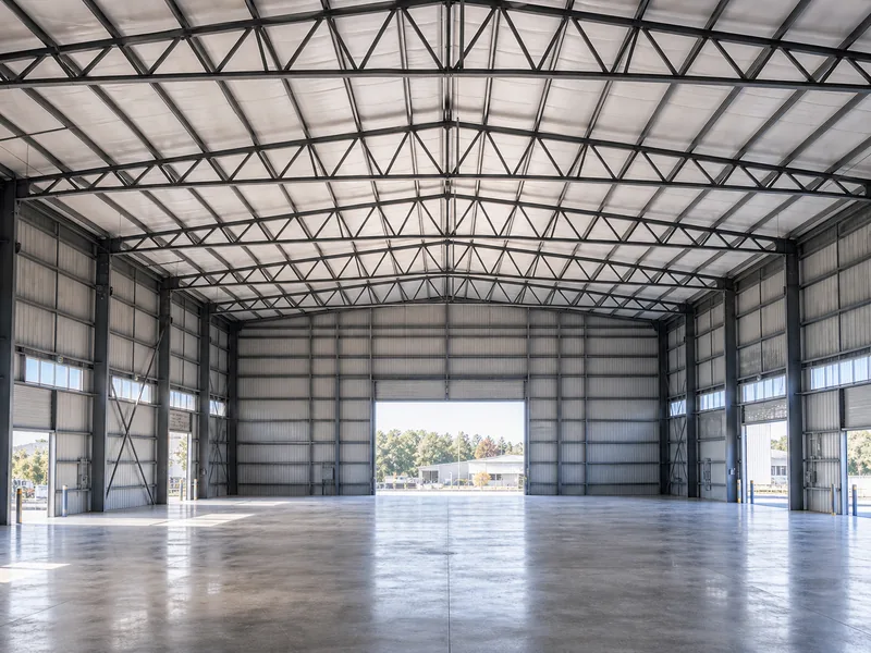 Steel web truss building interior showing a column-free clear span under an open-web roof truss