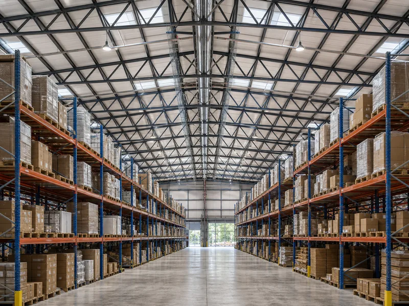 Steel web truss building over a warehouse interior with column-free racking aisles and overhead service routing