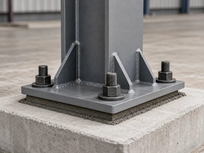 Base plate and anchor bolts joining a steel workshop column to its foundation
