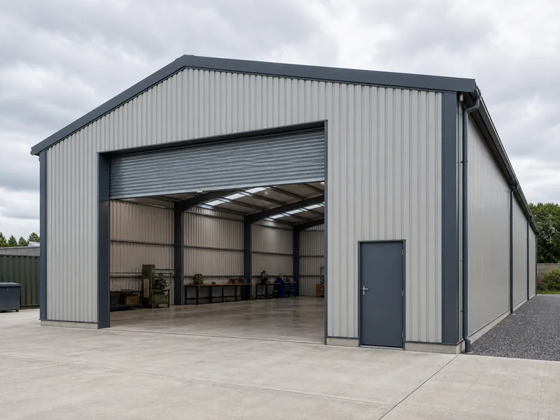 Home 57 Steel workshop building exterior with a clear-span metal frame and roller doors