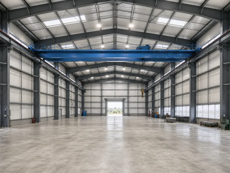 Column-free interior of a steel workshop with an overhead crane