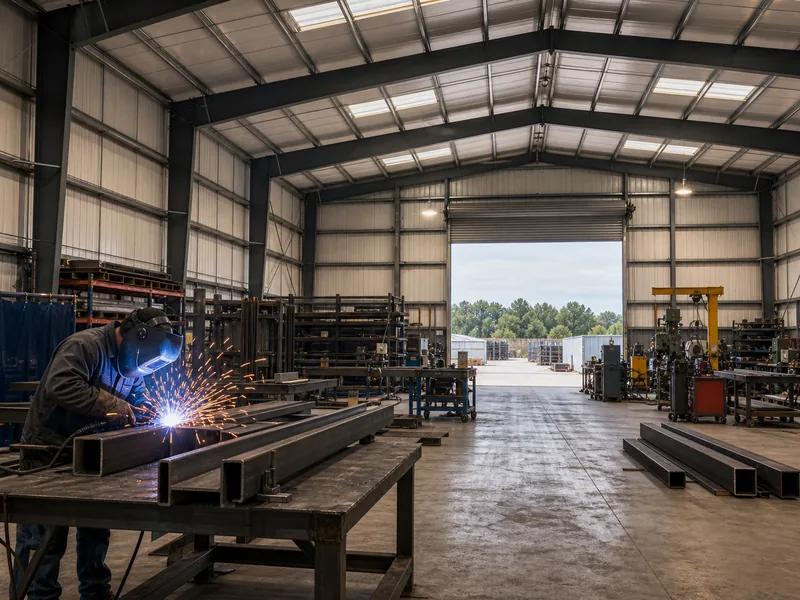 Fabrication and welding work inside a clear-span steel workshop