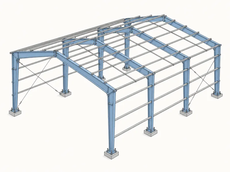 Steel workshop frame diagram with portal columns, rafters, purlins and bracing