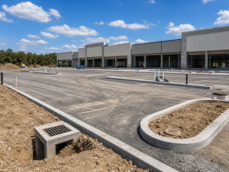 Terreno nivelado y estacionamiento pavimentado preparados para la construcción de un centro comercial lineal
