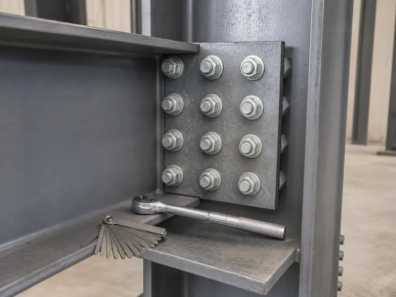 Close-up of a high-strength bolted connection during structural steel inspection