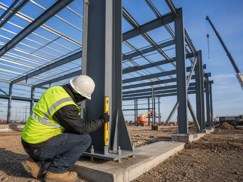 Field inspector checking column plumb during steel frame erection