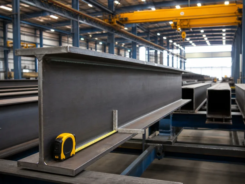 Shop quality control checking H-beam dimensions on a steel production line