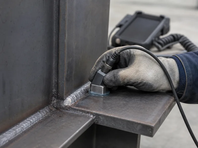 Ultrasonic testing probe scanning a groove weld for internal flaws