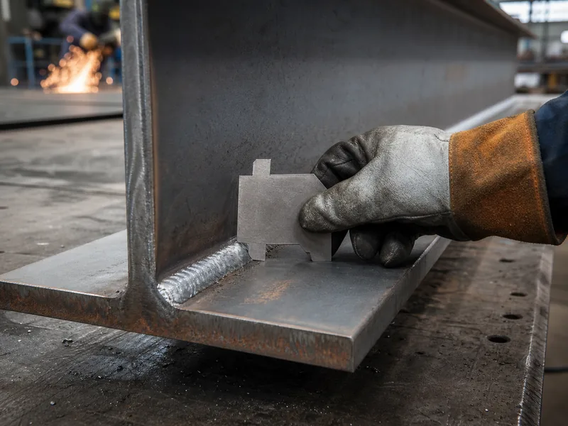 Inspector gauging a structural steel weld on a fabrication shop bench