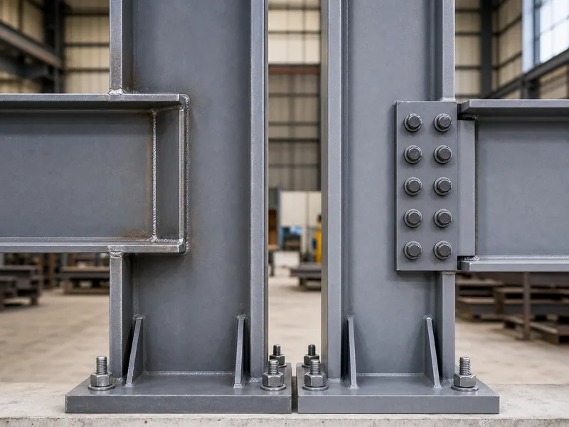 Welded moment connection beside a high-strength bolted connection on a steel frame