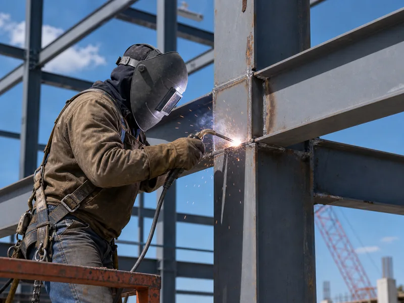 Field welder running a self-shielded flux-cored pass on an exposed steel joint