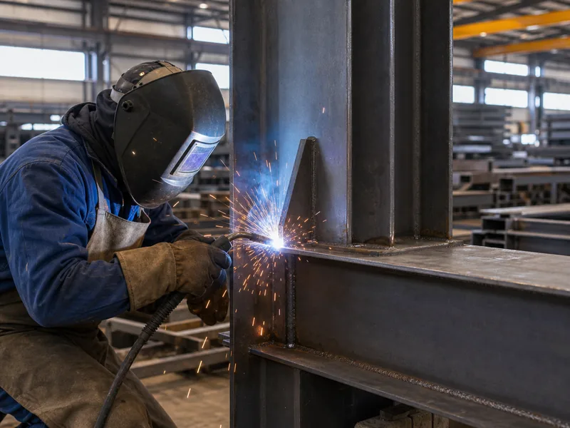 Welder joining a structural steel beam-to-column connection in a fabrication shop