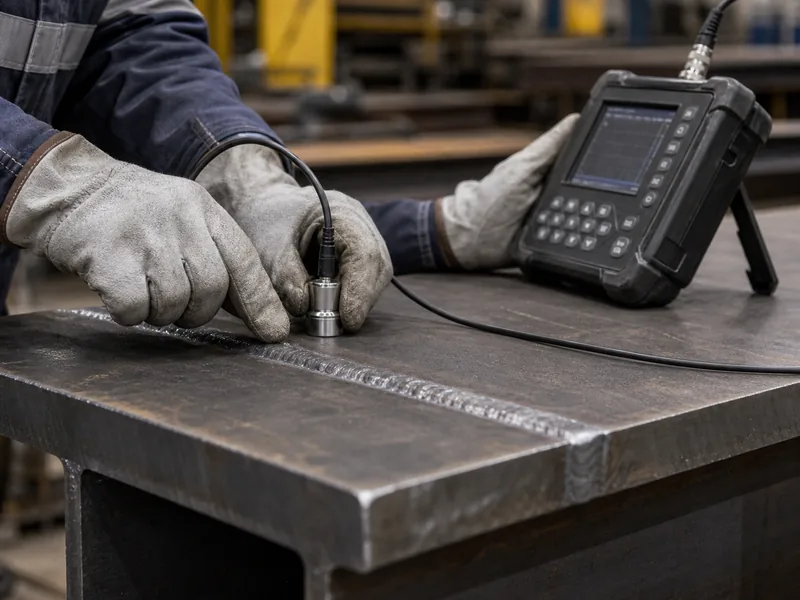 Technician ultrasonic testing a groove weld on a thick steel plate