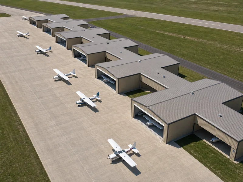 Fila de bahías de hangar en T que almacenan aviones monomotor en un aeropuerto de aviación general