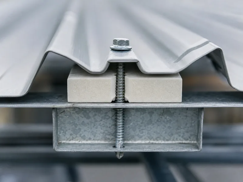 Roof panel fastener passing through a thermal block at the purlin line