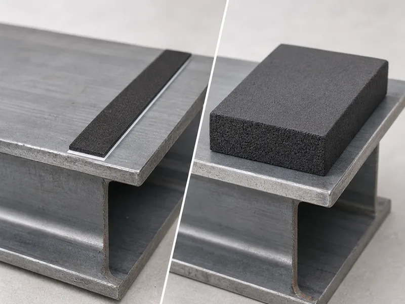 A thin foam strip beside a thicker spacer block on a steel flange