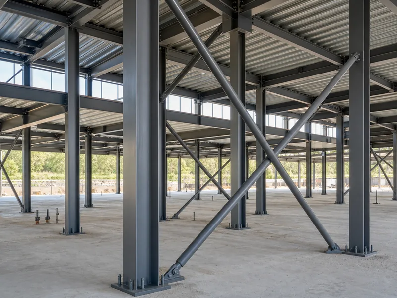 Exposed tube steel columns and bracing framing a steel building interior