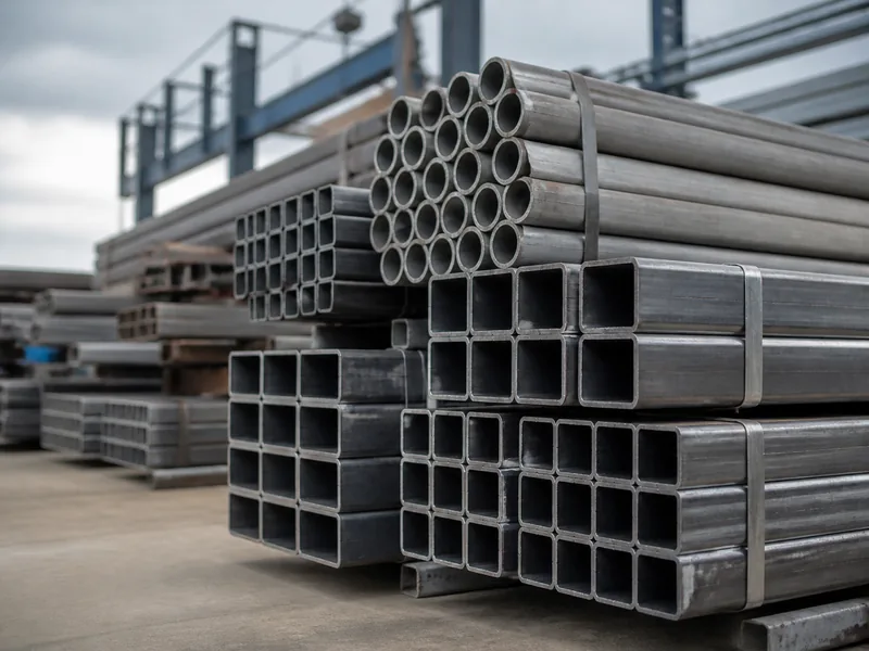 Bundled square, rectangular, and round structural steel tube in a fabrication yard