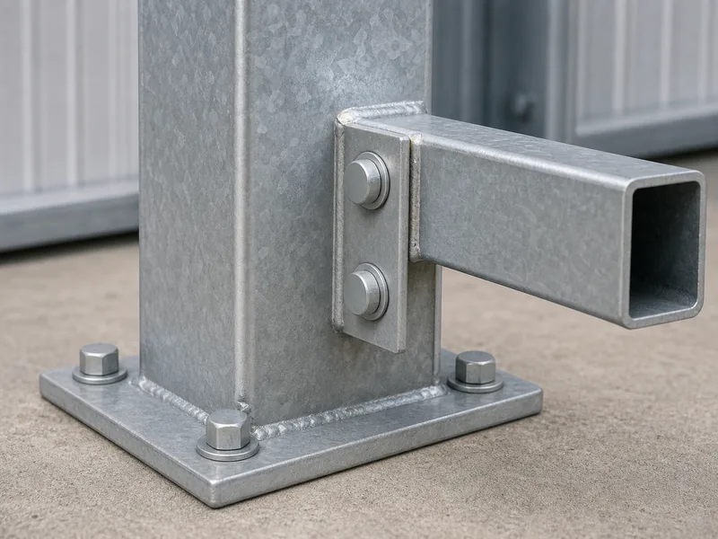 Close-up of a galvanized tubular steel bolted connection and base plate