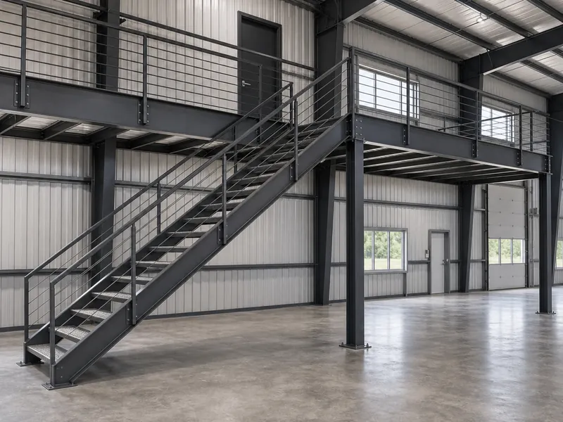 Escalera y barandilla de acero en el interior que suben hasta el nivel del segundo piso