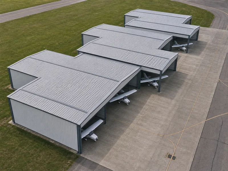 Row of nested T-hangars at a general-aviation airfield
