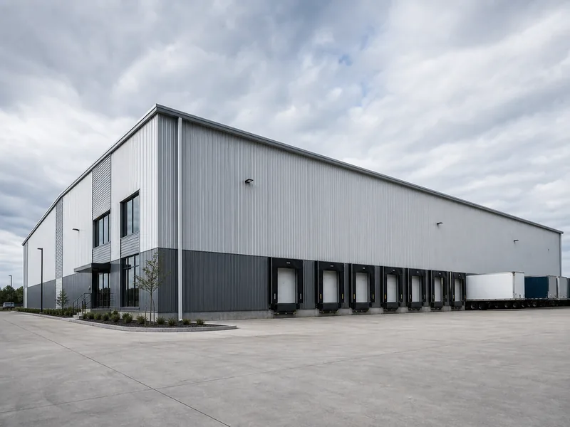 Home 58 Large steel-framed industrial warehouse exterior with loading docks and truck court