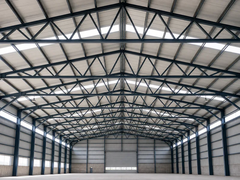 Home 58 Exposed steel roof trusses spanning a column-free workshop interior