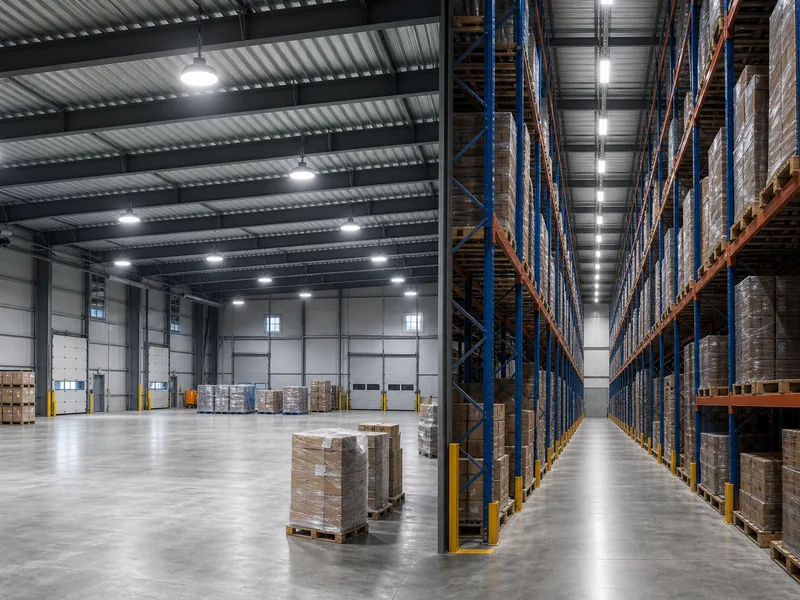UFO and linear LED high bay fixtures over open floor and racked aisles