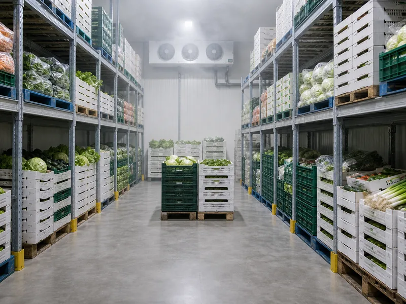 Palletized vegetable crates stored on racking in a chilled room