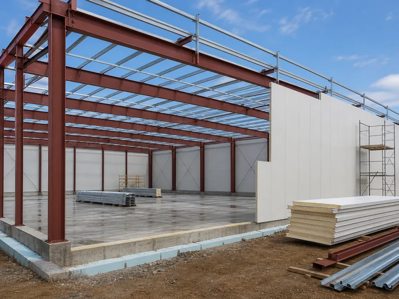 Steel H-beam frame and purlins erected for a cold storage building