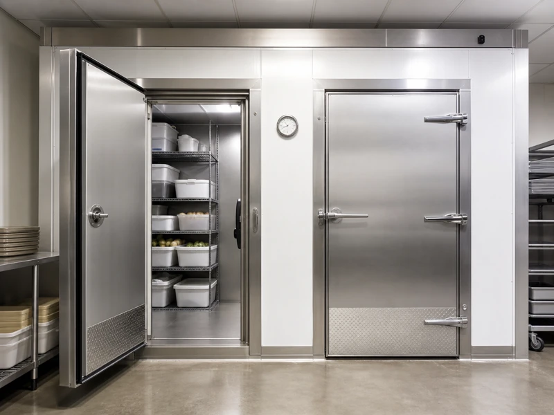 Stainless walk-in cooler and freezer doors in a restaurant back kitchen