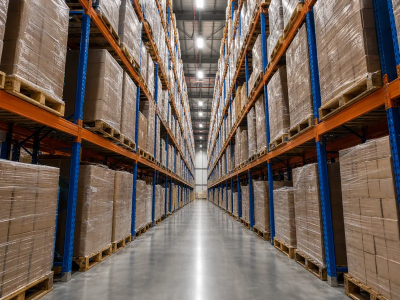 Bulk pallet racking rising toward a high warehouse clear height