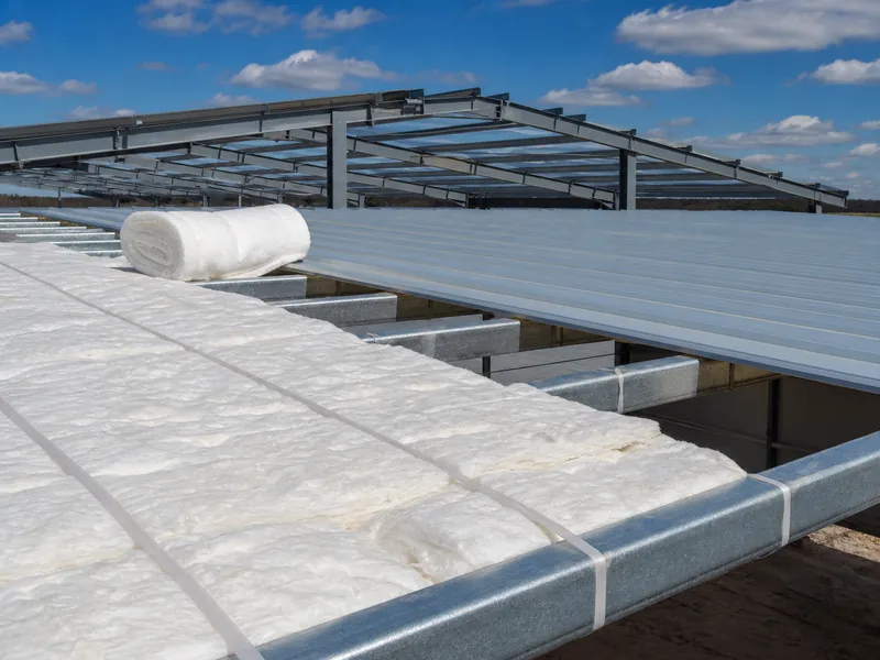 Over-purlin blanket insulation installed on a new steel warehouse roof