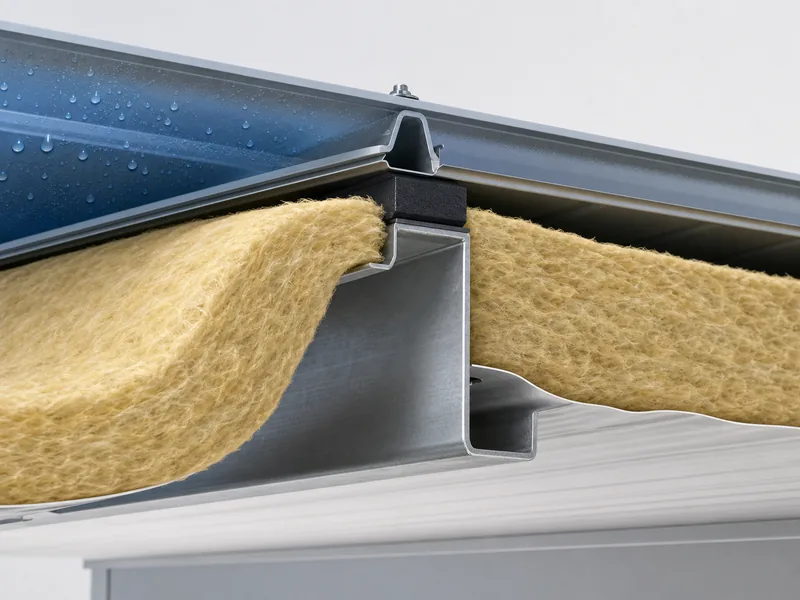 Warm-side vapor barrier and thermal break at a steel roof purlin