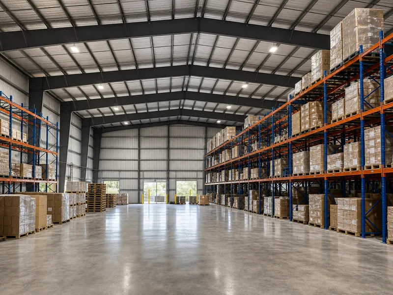 Interior de almacén sin columnas con estanterías altas para palets bajo un techo de luz libre