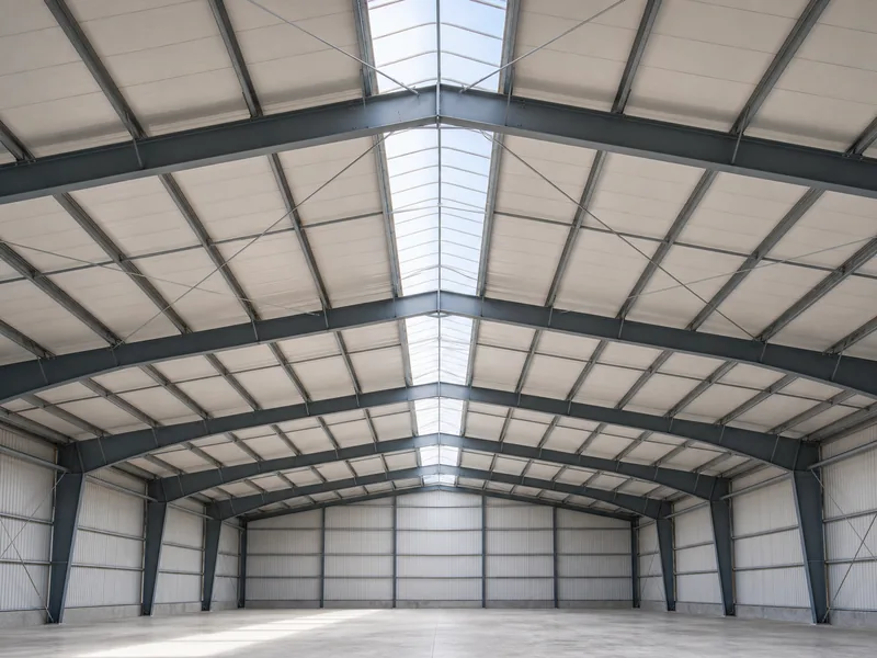 Column-free warehouse interior with steel rafters and roof purlins