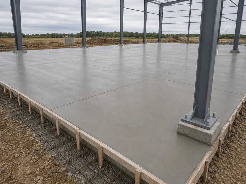 Laje de piso de concreto reforçado e sapatas de colunas para a construção de um armazém