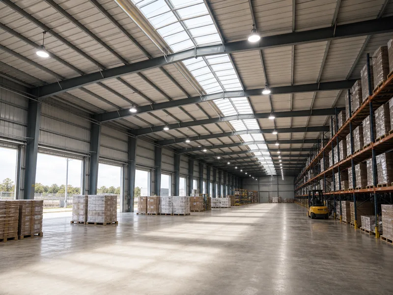 Roof skylight daylight blending with LED high bay lighting in a warehouse