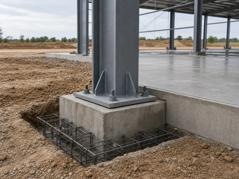 Colonnes en acier s’appuyant sur une fondation en béton sous la charpente du toit d’un entrepôt