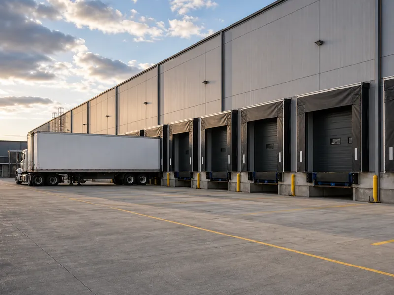 Portes de quai de chargement et cour pour camions le long d’un mur d’entrepôt en acier