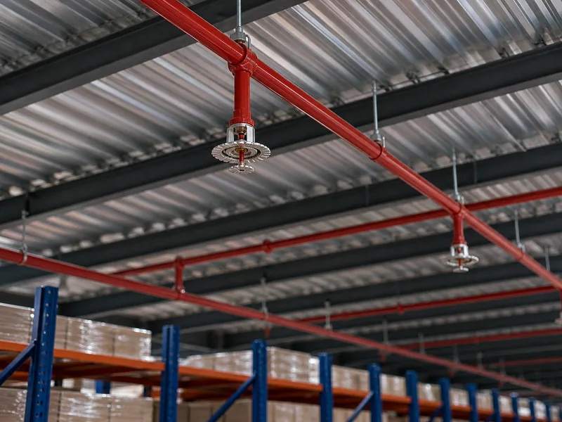 ESFR sprinkler heads mounted at the roof above high-pile warehouse racks