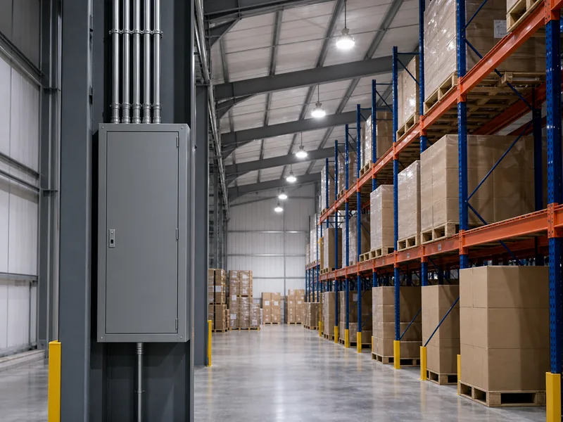 High-bay LED fixtures and an electrical distribution panel along a warehouse aisle