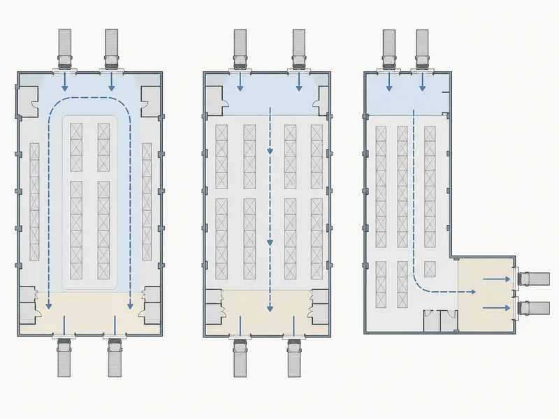 Diagram comparing U-shaped, I-shaped, and L-shaped warehouse layout flow