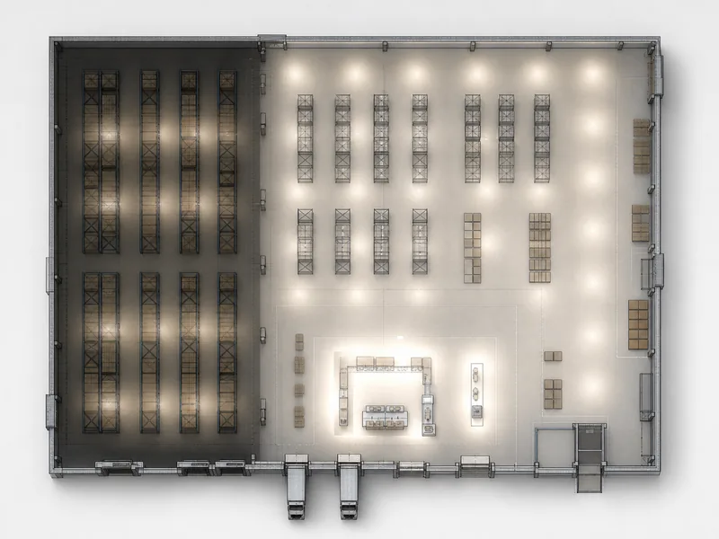 Warehouse floor zones lit to different foot-candle levels from storage to packing