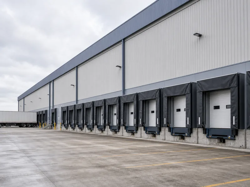 Row of loading dock doors and truck court at an industrial warehouse