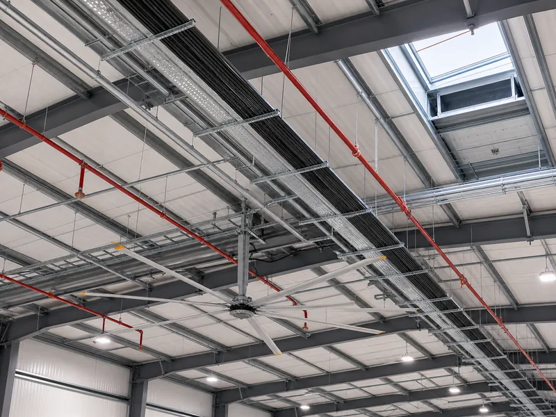 HVLS fan, conduit trays, and sprinkler mains hung from a steel warehouse frame